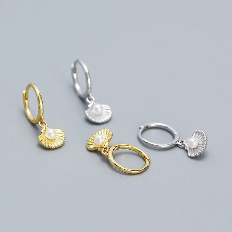 Wholesale Fashion Jewelry 925 Sterling Silver Ocean Wind Shell Pearl Gold Plated Hoop Earring Jewelry for Women