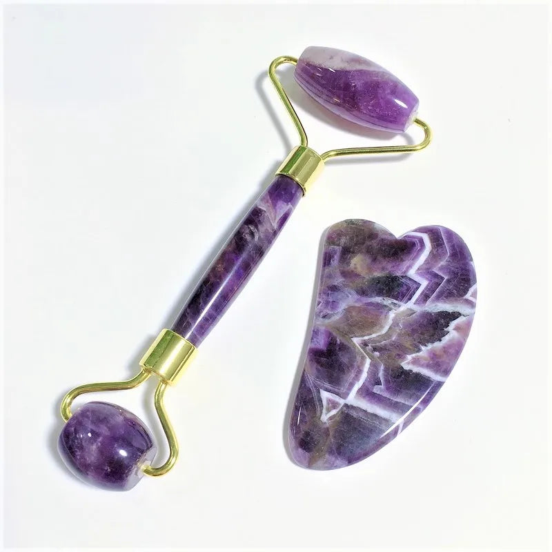 HY Crystals Hot Selling Cheap Amethyst Gua Sha Jade Roller Guasha Scraping Board Face Beauty Equipment Kit