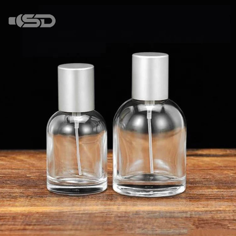 Round 30ml/50ml/100ml Custom Glass Perfume Bottle with Screen Printing and Pump Sprayer