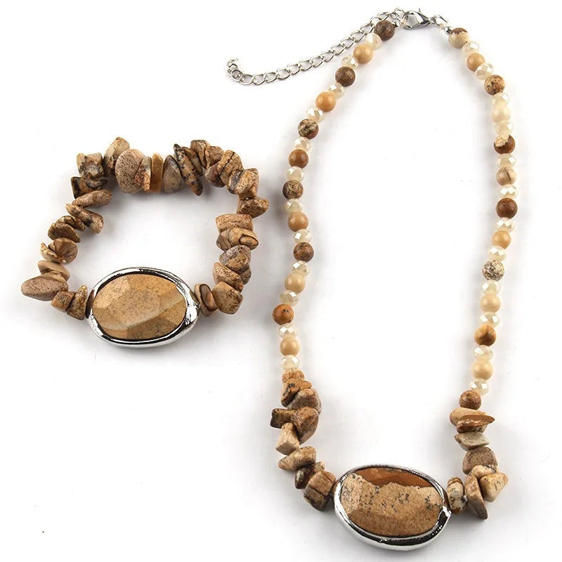 Fashion Women Handmade Jewelry Gravel Gemstone Charm BeadsNecklace Bracelet Set