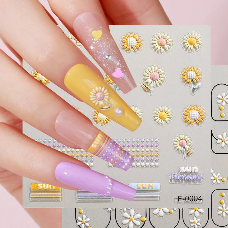 Hot Sale 5D Relief Design Nail Art Decal Spring Summer Daisy Pattern Adhesive Sticker Made of Durable PET Material