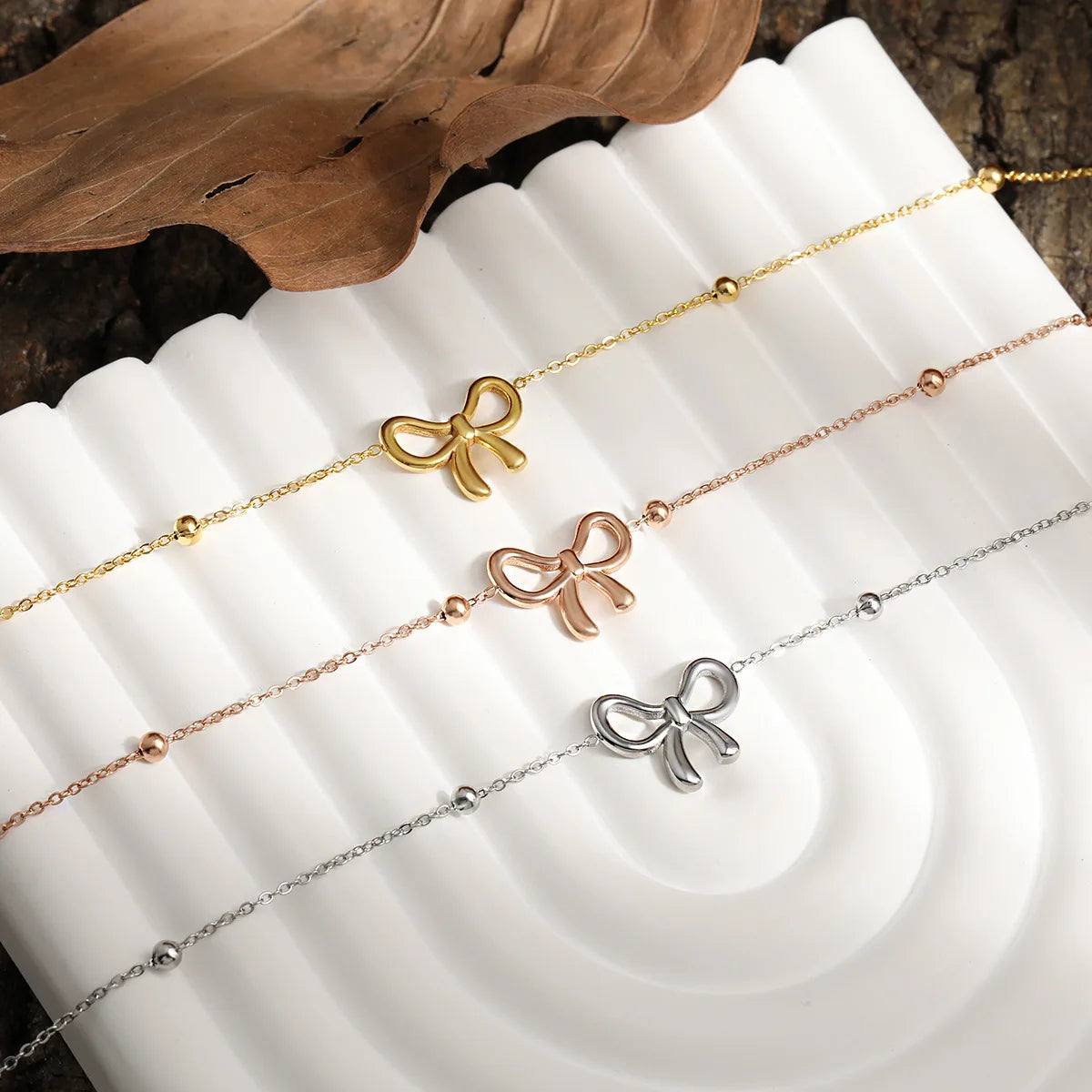 Non-Fading 18K Gold PVD Plating Charm Necklace Rustproof Stainless Steel Beads Rolo Chain Bowknot Pendant Necklace for Women