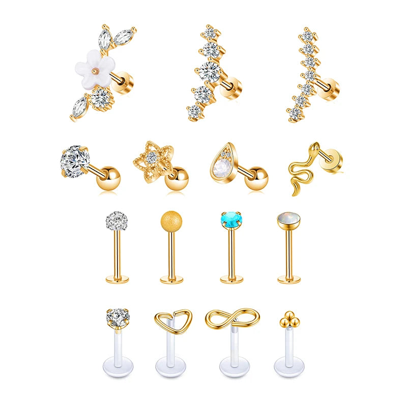 ZF 18K Gold Plated Stainless Steel Stud Earrings 20G Cartilage Earrings Hypoallergenic Flatback Earrings Piercing Jewelry