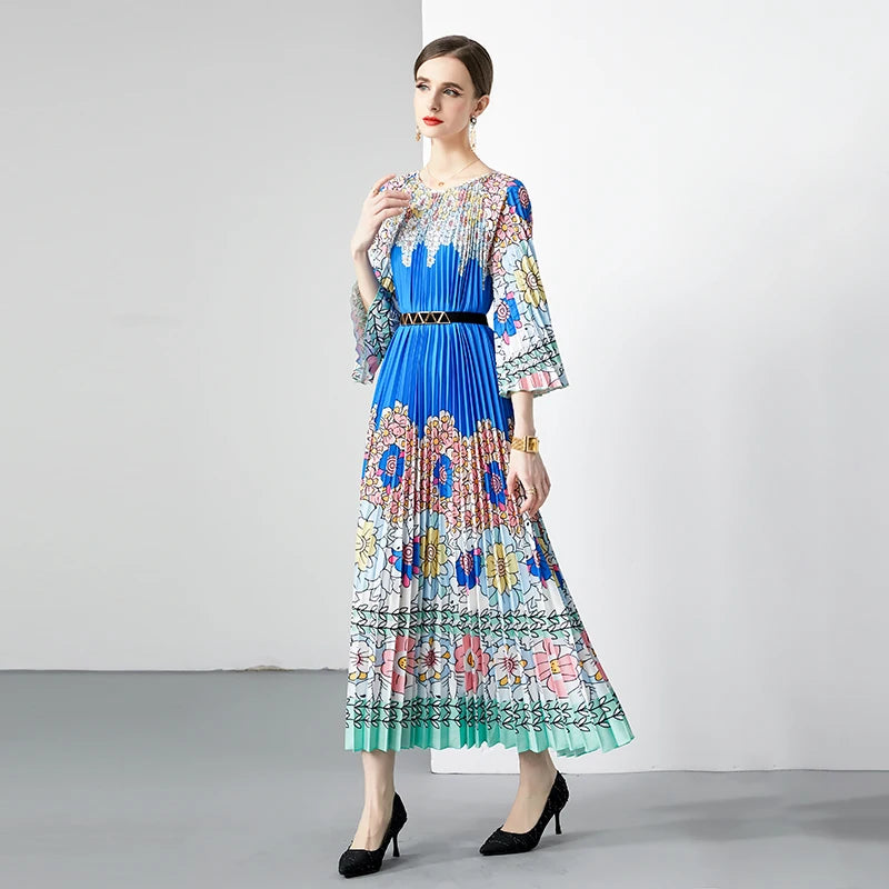 Wholesale Summer Bohemian Natural Waist Woven Digital Flower Pleated Long Sleeve Floral Chiffon Loose Dress for Vacation Party