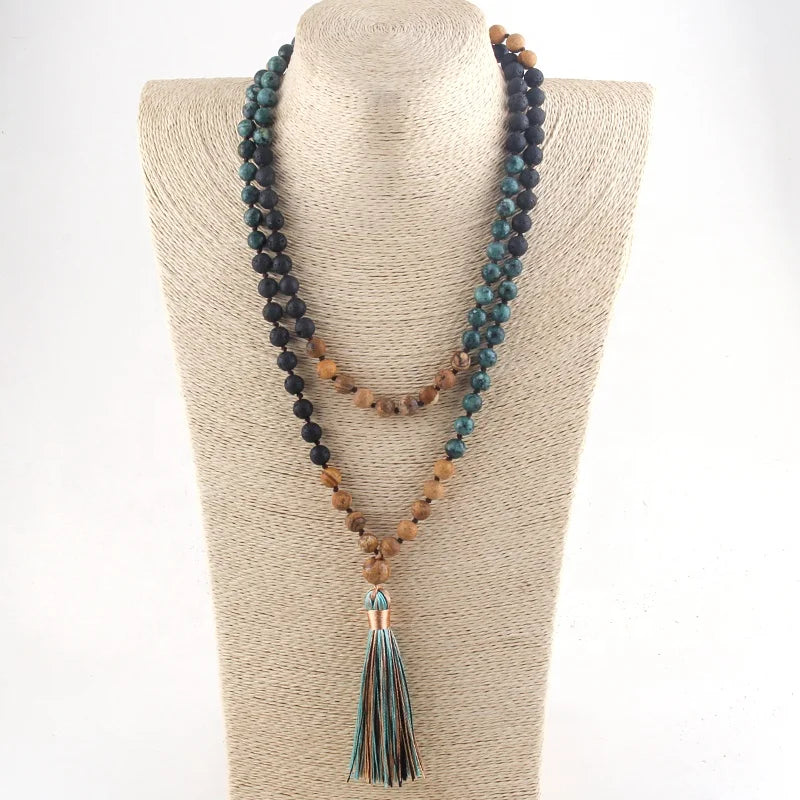 Bohemian Jewelry  8MM Natural Stone Long Multicolor Tassel Necklace African Turquoise 108 Beads Mala Yoga Necklace