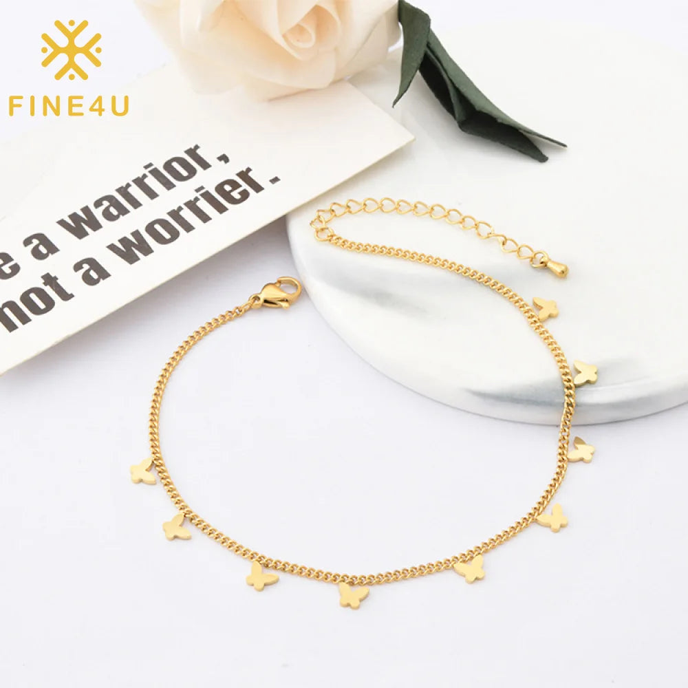 Tarnish Free Waterproof Fashion Jewelry Simple Cute 18K Gold Plated Butterfly Stainless Steel Anklets for Women