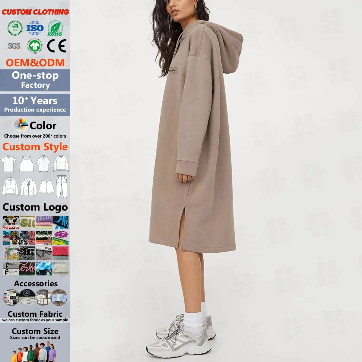Casual Drawstring Hoodie Dress Women's Plus Size Hoodies Dress Solid Color Hoodies Custom Embroidery Logo Dress for Women