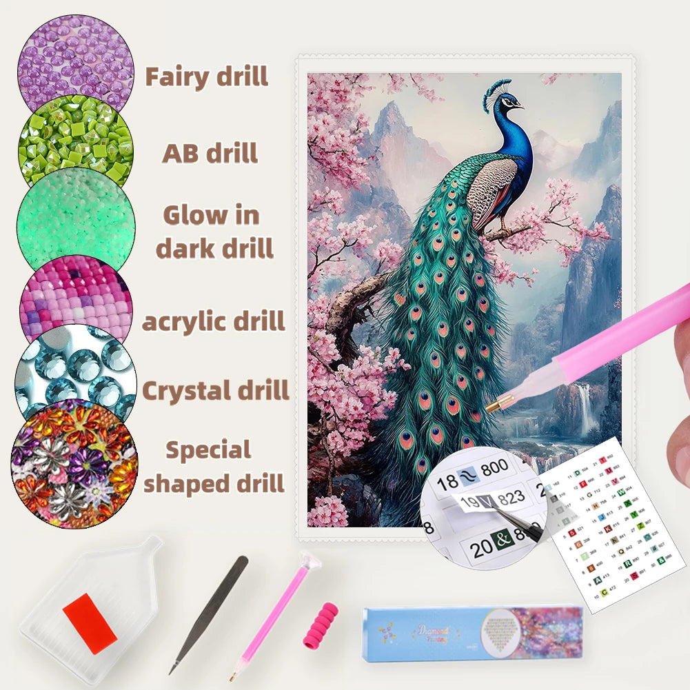5d Diamond Painting Animal Peacock Sakura Resin Large Size Handmade Diamond Painting Kits