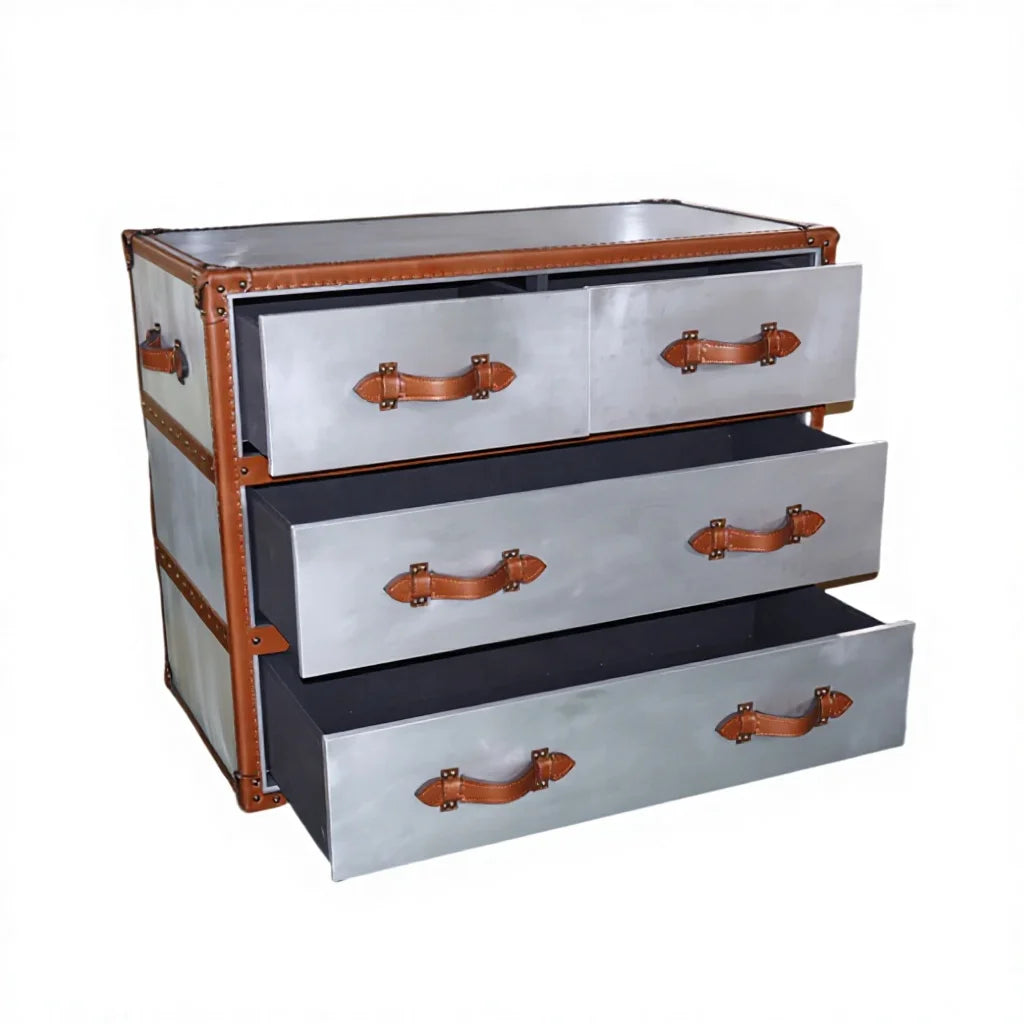 Industrial Vintage American Chest of Drawers Cabinet Accent Leather Metal Hardware Aluminium Antique Multi Side Cabinet Home
