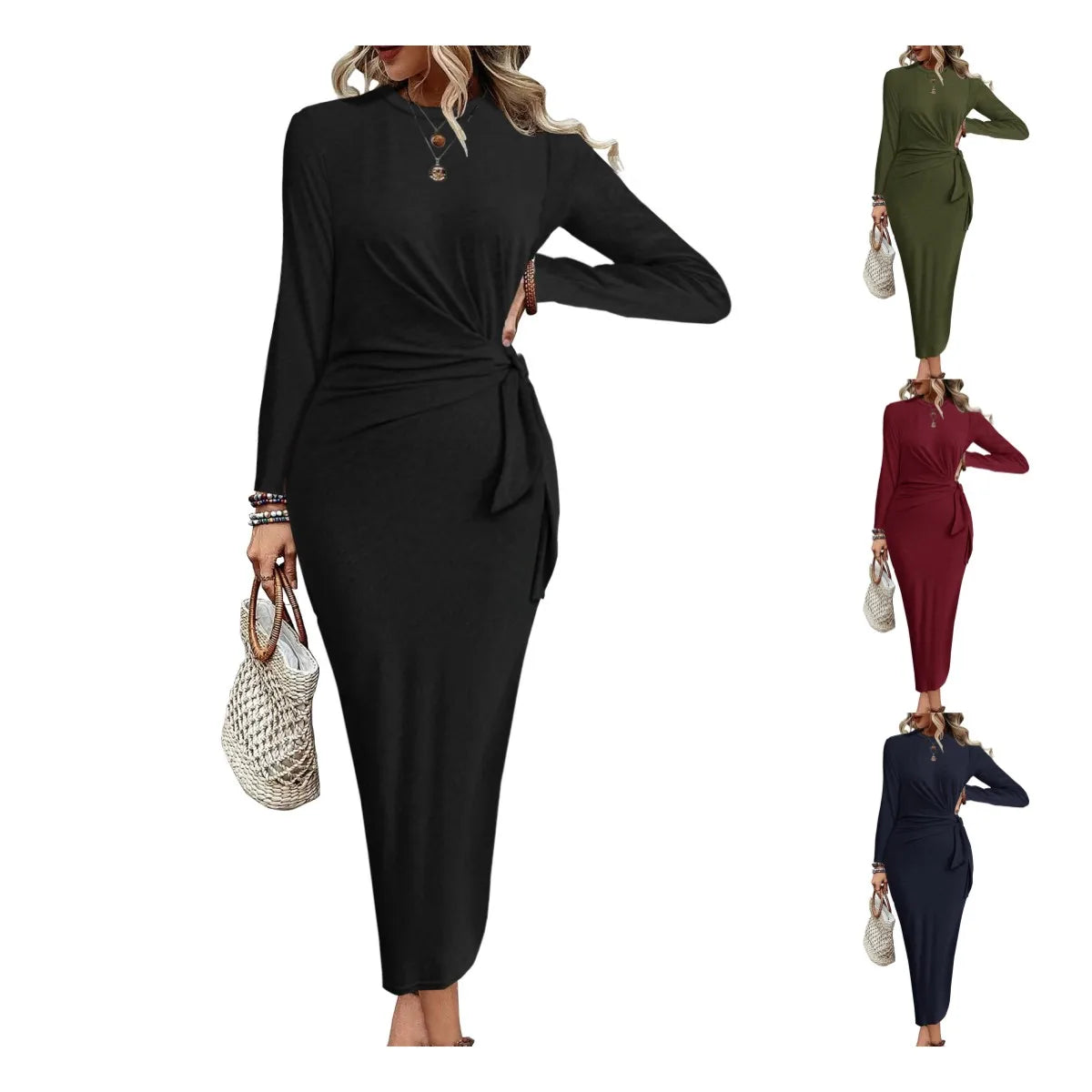 Wholesale Fashion Women's Long Sleeve Dress O-Neck Slim Solid Color Casual for Spring & Fall Belts Long Length Natural Waistline