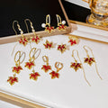 New Year Fashion Red Flower Tassel Earring 14K Gold Plated Orange Zircon Maple Leaf Pendant Earrings Women's Party Accessories