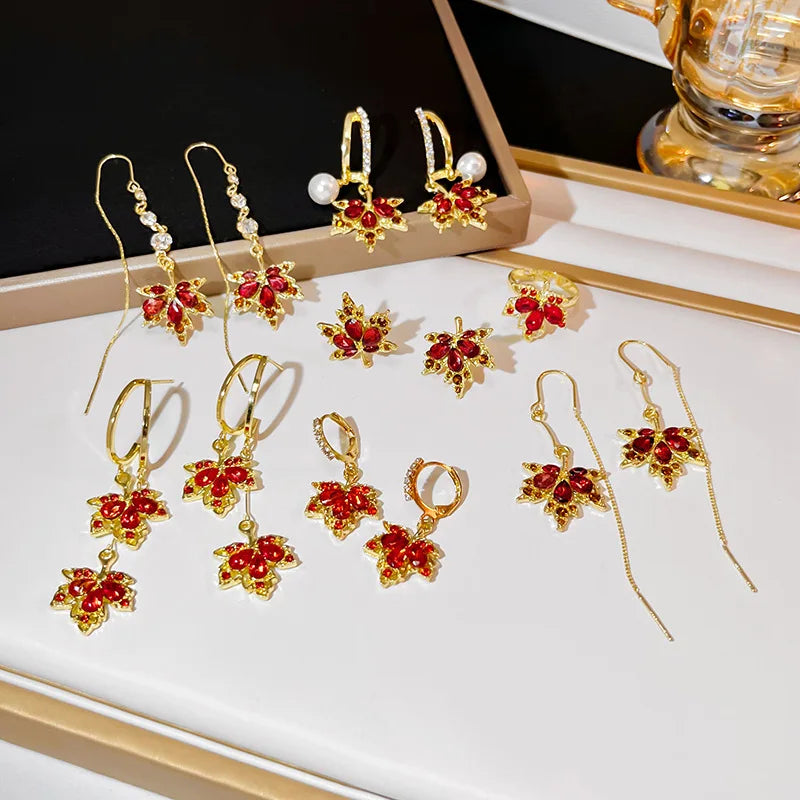 New Year Fashion Red Flower Tassel Earring 14K Gold Plated Orange Zircon Maple Leaf Pendant Earrings Women's Party Accessories