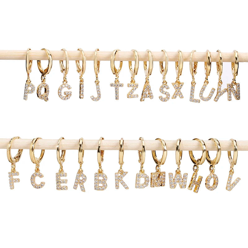 YW Hip Hop New Arrival Copper Gold Plated Micro Paved Zircon Letters Huggie Earrings Fashion Jewelry 26 Letters Earrings