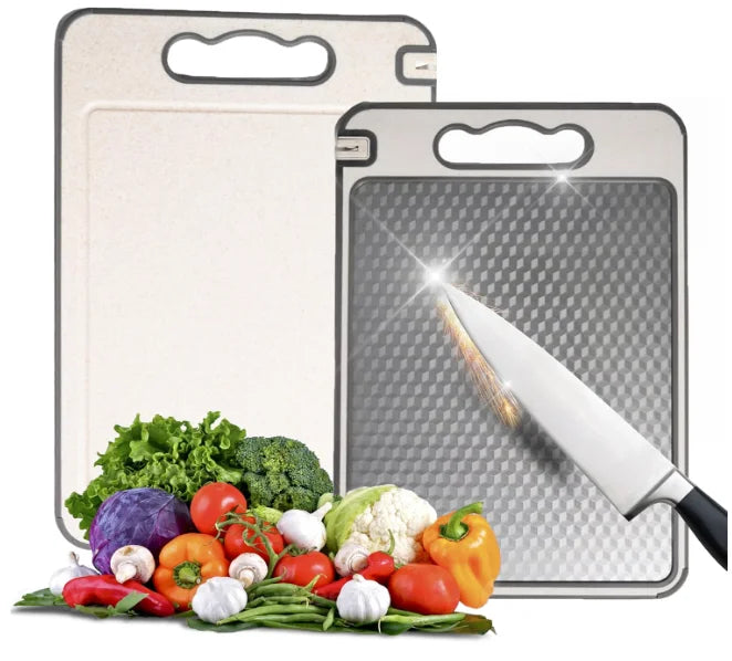Stainless Steel Cutting Board for Kitchen Double Sided Scratch Resistant Metal & Wheat Straw Chopping Board with Handle