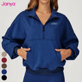 Janya Casual Sportswear Half Zipper Sweatshirts Stand Collar Ribbed Cuffs & Hem Windproof Warm Pullover Sweatshirt for Women