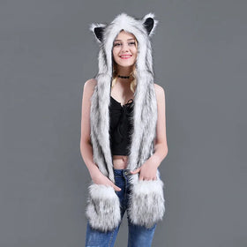 Novelty Animal Leopard Panda Fox Wolf Faux Fur Critter Scarf With Hat Snood Pockets