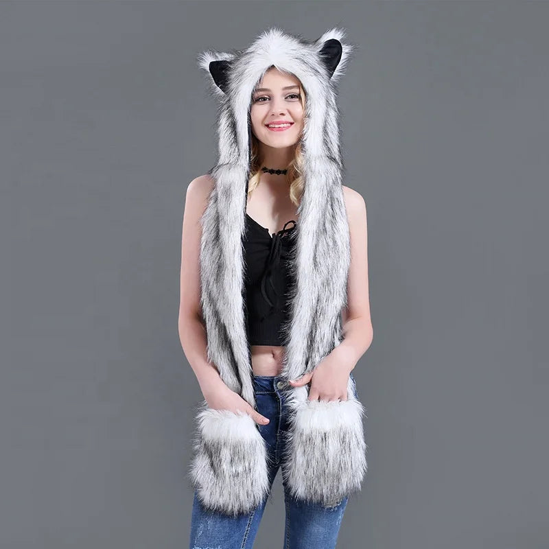 Novelty Animal Leopard Panda Fox Wolf Faux Fur Critter Scarf With Hat Snood Pockets