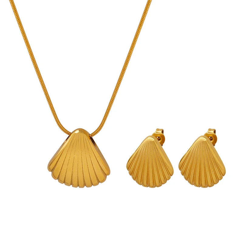 Romantic Shell Striped Pendant Necklace Earrings Fashionable Stainless Steel Jewelry Sets