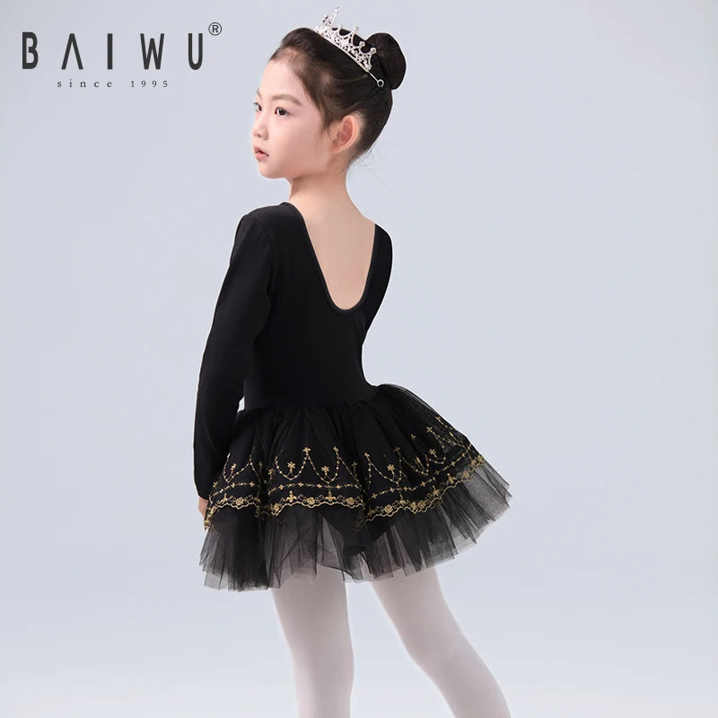 123244002 Baiwu Kids Ballet Leotard Tutu Skirt Long Sleeve Stage Dance Wear Costumes Clothes for Girls