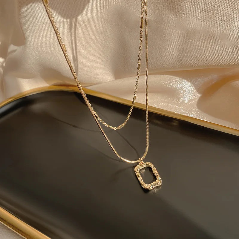 Luxury Square Pendant Multilayer Necklace Fashion Link Chain Gold Necklace Women 2025