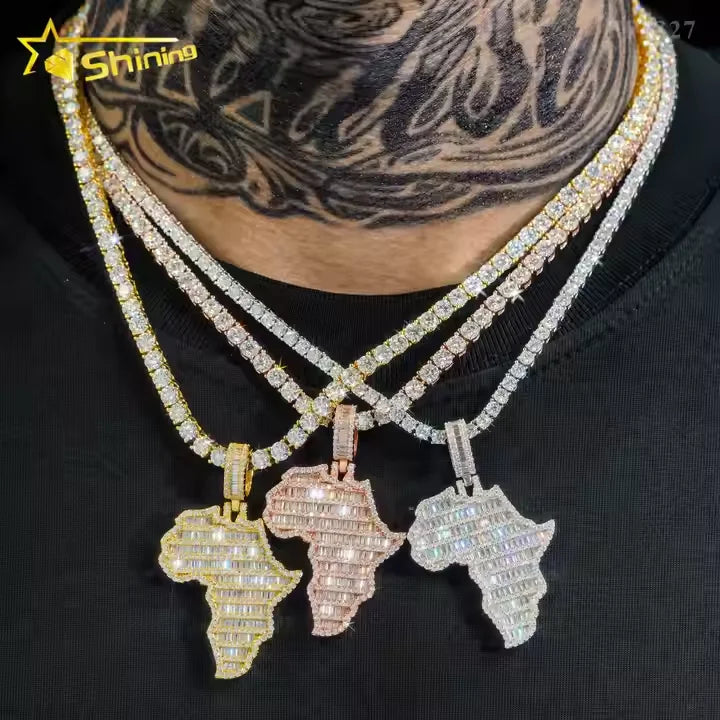 Hip Hop Map Moissanite Pendant Custom Iced Out 925 Sterling Silver VVS Moissanite Pendant Charms Necklace