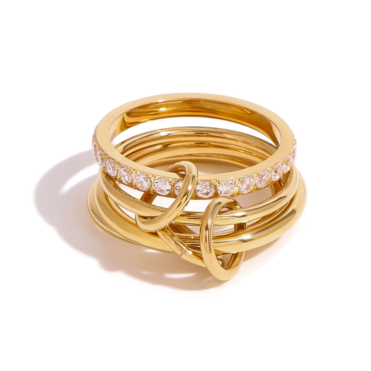 N&S Modern 18K Gold Plated Four-Ring Set Stainless Steel with Rhinestone White Zircon for Engagement Gift Size 8