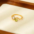 Trendy INS Light Luxury Design White and Green Zircon Double Wave Shaped 18K Gold Plated Stainless Steel Ring for Women