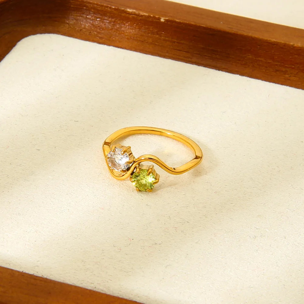Trendy INS Light Luxury Design White and Green Zircon Double Wave Shaped 18K Gold Plated Stainless Steel Ring for Women