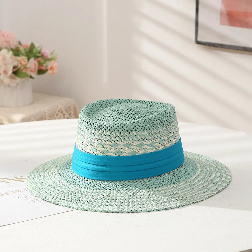 Wholesale Summer Beach Hand-woven Salt Straw Hats Flat Top Adjustable Size Sun Protect Hats