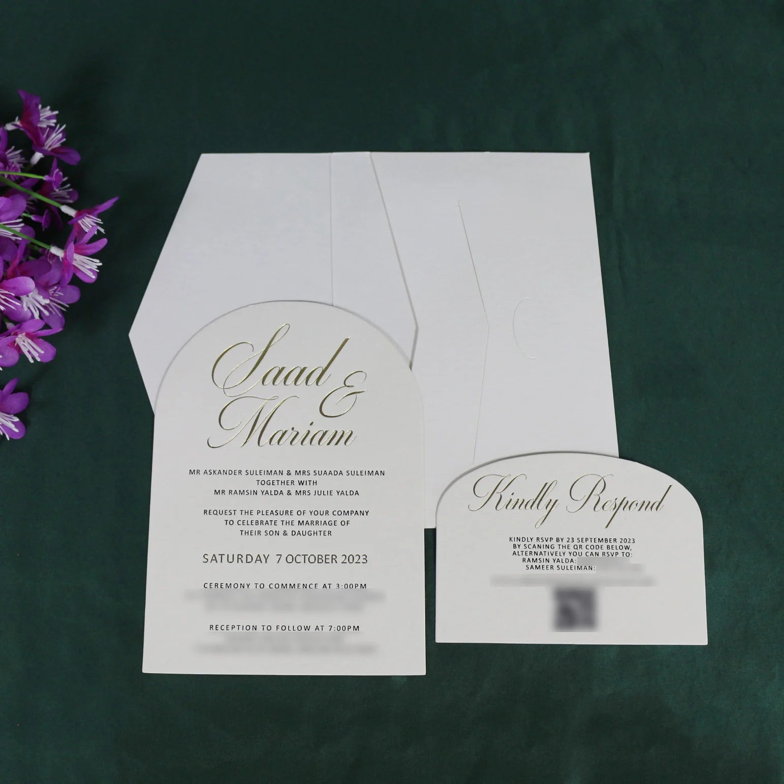 Custom Pocket Envelope White Luxury Arch Paper Wedding Invitation with Gold Foil RSVP Cards