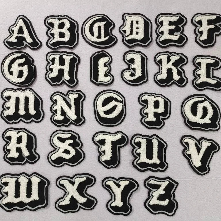 2026 New Fashion Four Layer Towel Custom Letter Embroidery Chenille 3D Black and White Patches Iron on for Hats