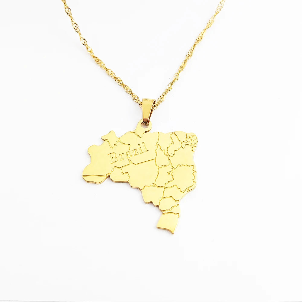 Brazilian Gold Jewelry Wholesale Stainless Steel Country Map Pendant Necklaces Acero Inoxidable Collares