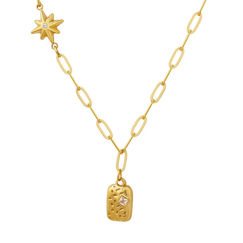 Newest Luxury Stainless Steel Star Pendant Necklace Gold Plated Zircon Square Design Trendy Style for Women's Party Wear