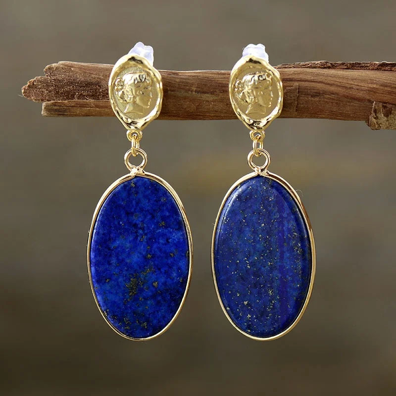 Vintage Art Deco Retro Lapis Luzuli Stones Stud Earrings Gold Plated Exaggerated Design for Party Raw Gemstone Jewelry Accessory