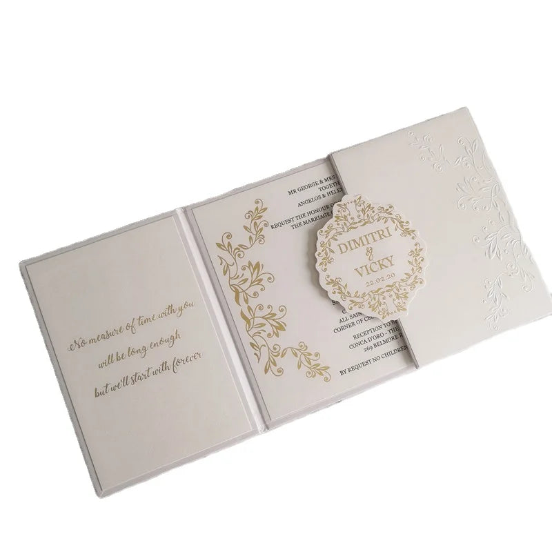 Custom Gate Fold Hardcover Wedding Invitation Suite Embossed Gold Foil Monogram Wedding Invite With RSVP Card Enclosure Cards MegaBDM