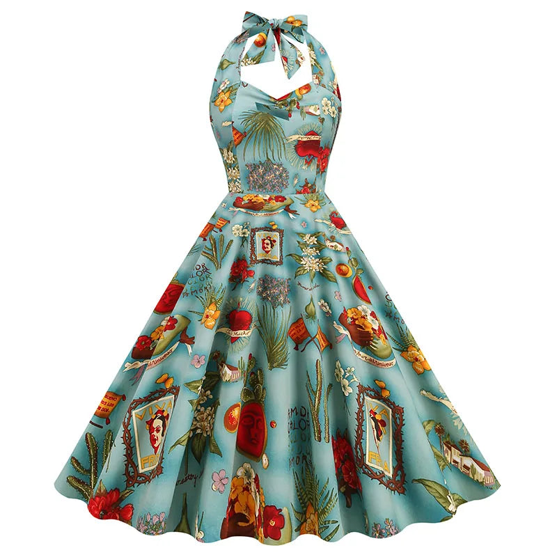 50s WomenVintage Rockabilly Pinup Halter Swing Printed Flower Girl Birthday Evening Party Dress