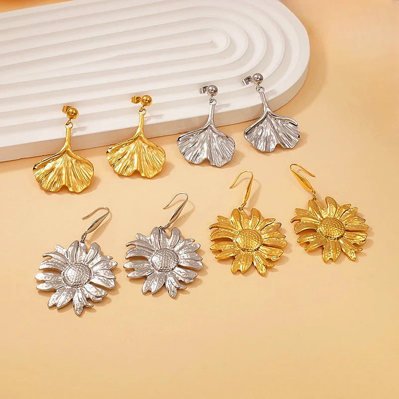 Summer Fashion 18K Gold Plated Stainless Steel Hypoallergenic Jewelry Wholesale Flower Leaf Accessories Chunky Dangle Earrings