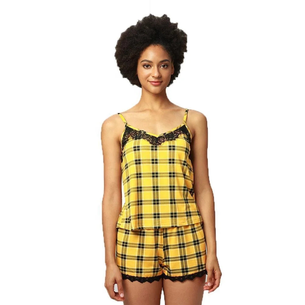 Lady Sexy Women's Sleeveless V-neck Camisole Shorts Pajamas Set Spandex/Polyester Soft Lace Edge Casual Plaid Pattern