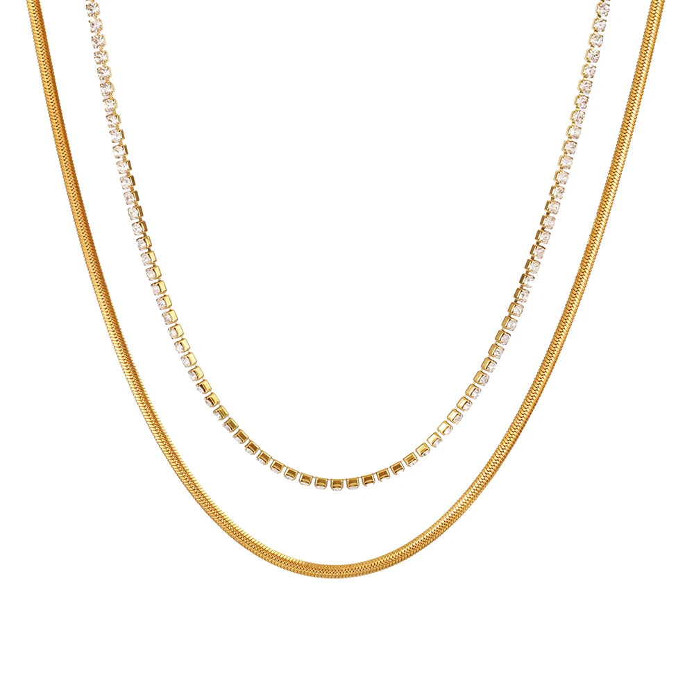 Luxury Double-Stranded Diamonds Blade Snake Tennis Chain Necklace for Women Stainless Steel  Zircon Anniversary