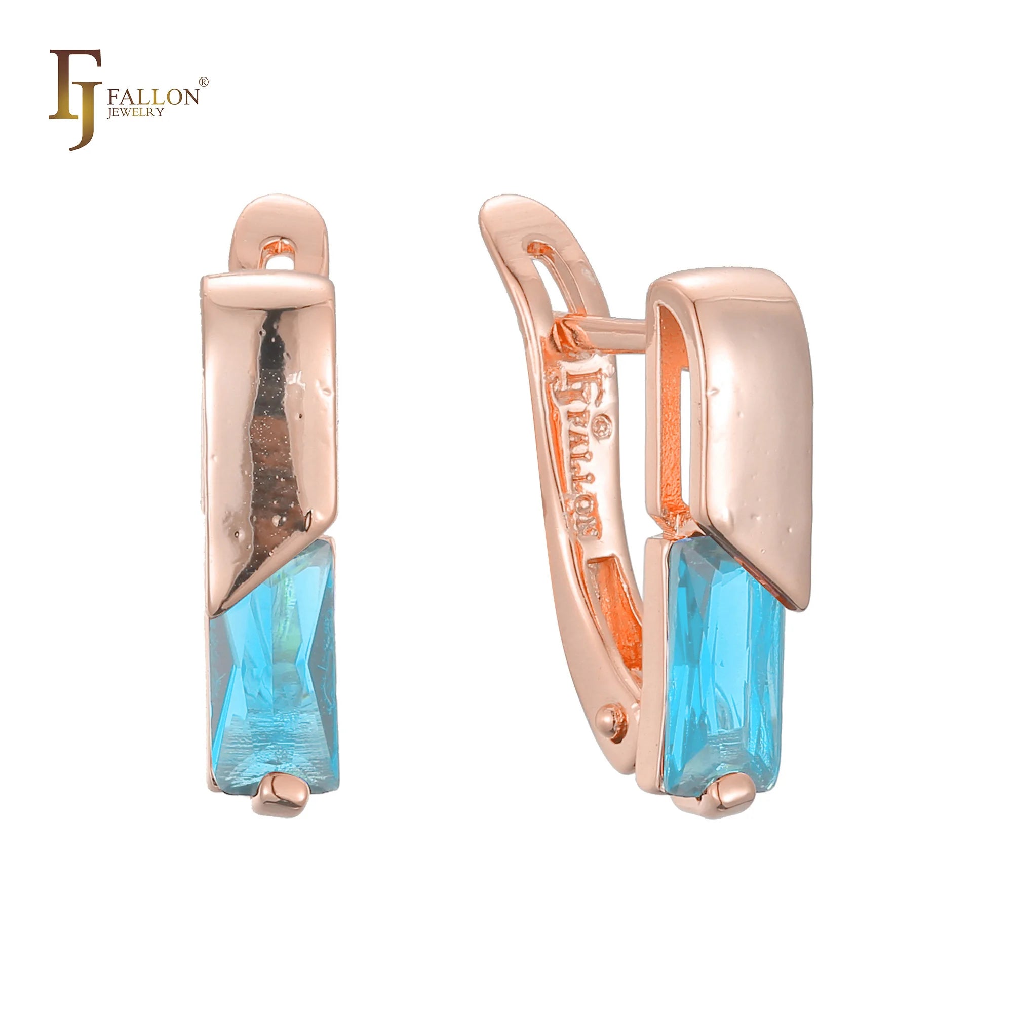 FJ Fallon Fashion Jewelry Solitaire Squared Lake Blue CZ Clip-On Earrings Plated in Rose Gold Brass Based