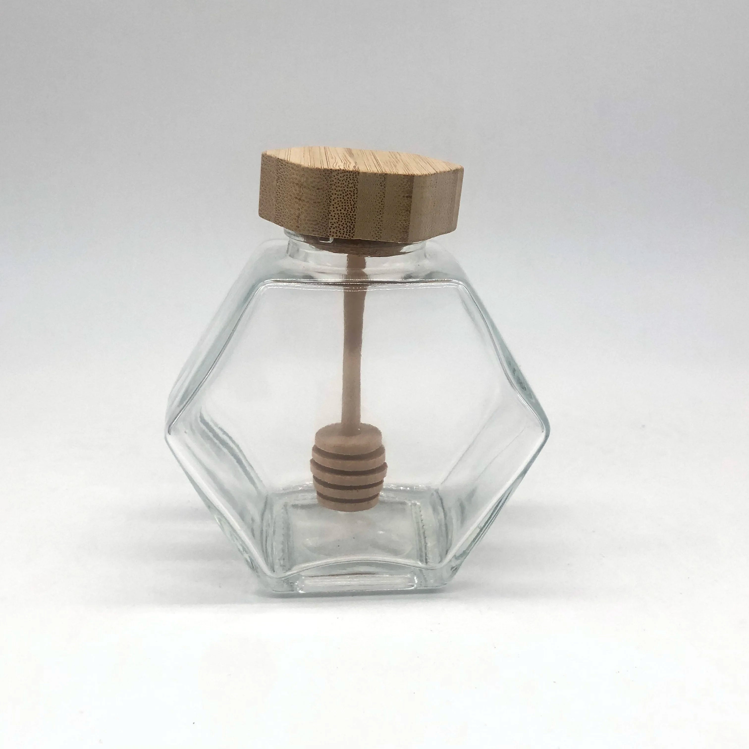 Customized Logo Factory 200ml Hexagonal Glass Jars Wooden Lids Screw Cap Screen Printed Honey Dippers Wooden Sticker for Honey