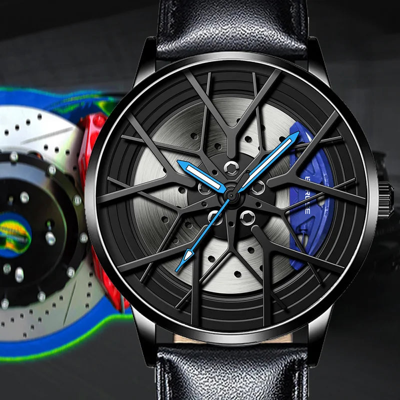 AliExpress Hot Sale BORUSE Fashion Car Hub Watch Men Wristwatch  Waterproof Leather Men's Luminous Watches Relogio Masculino