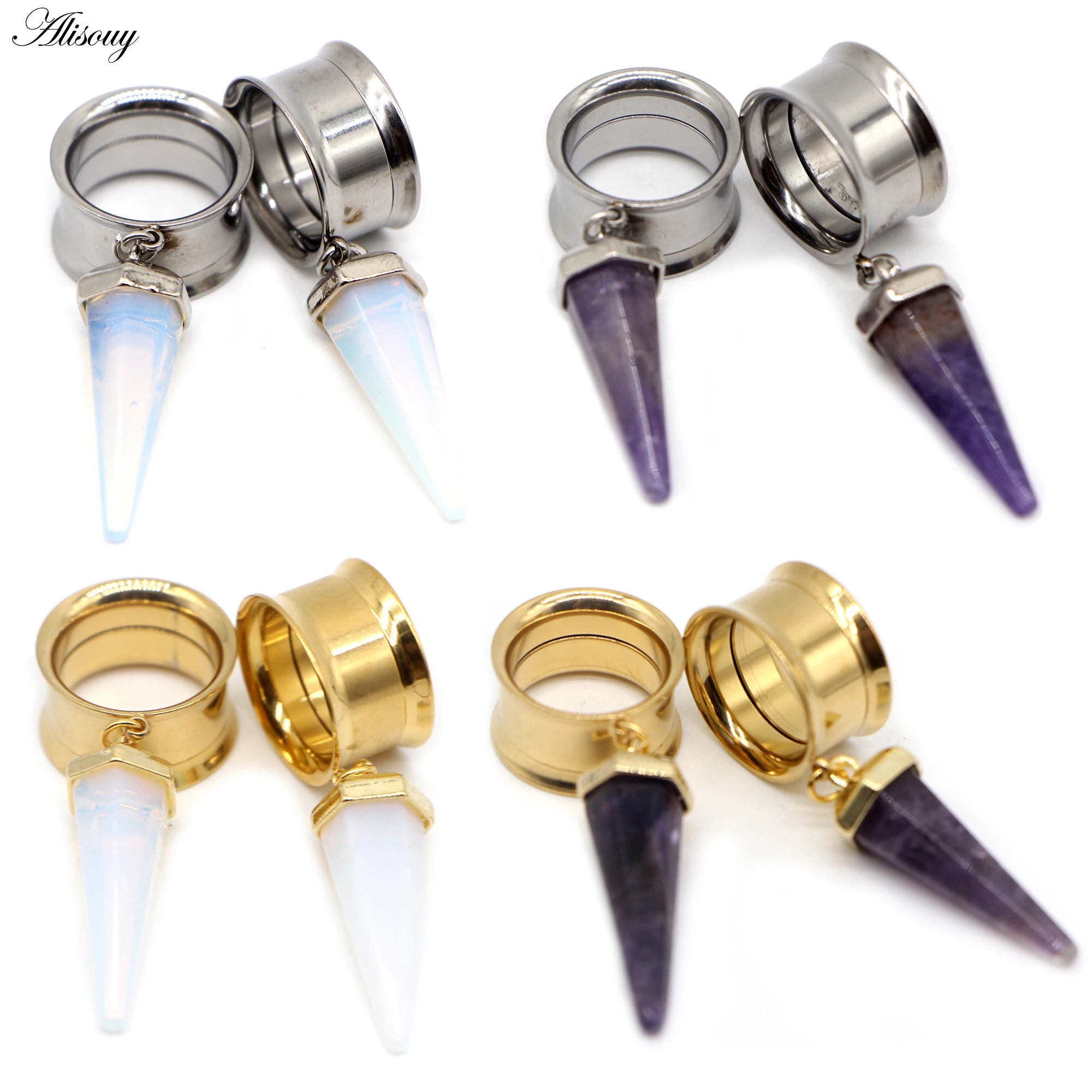 Alisouy 2PC Stainless Steel Opal Purple Stone Pendant Ear Tunnel Expander Gauges Cone Internally Thread Piercing Body Jewelry