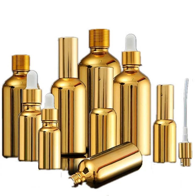 Gold Glass Lotion Pump Spray Atomizer Bottle 10ML 15ML 20ML 30ML 50ML 100ML Cosmetic Serum Essential Oil Dropper Packaging Vial