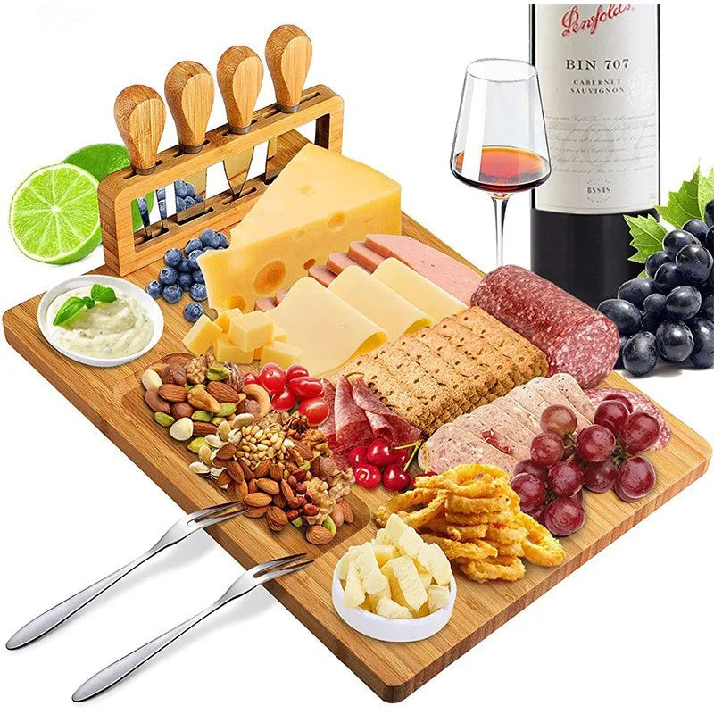 Wholesale Large Eco Friendly Bamboo Wooden Charcuterie Platter and Serving Cheese Board Set with 4 Knife Set