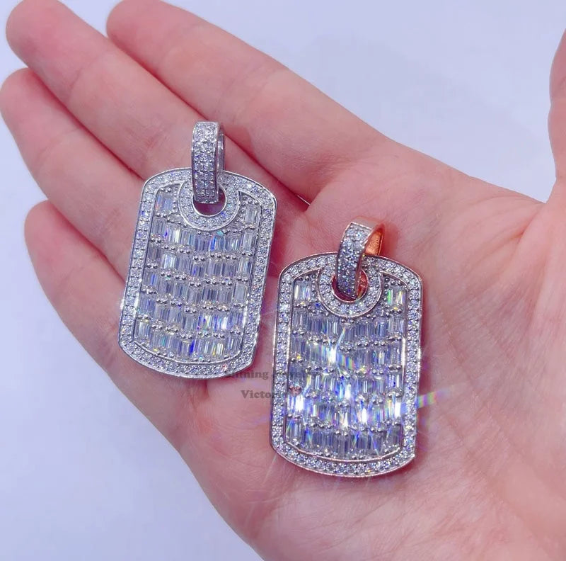 14k Rose Gold Plated Sterling Silver Hip Hop Men Emerald Cut Vvs Moissanite Diamond Dog Tag Pendant