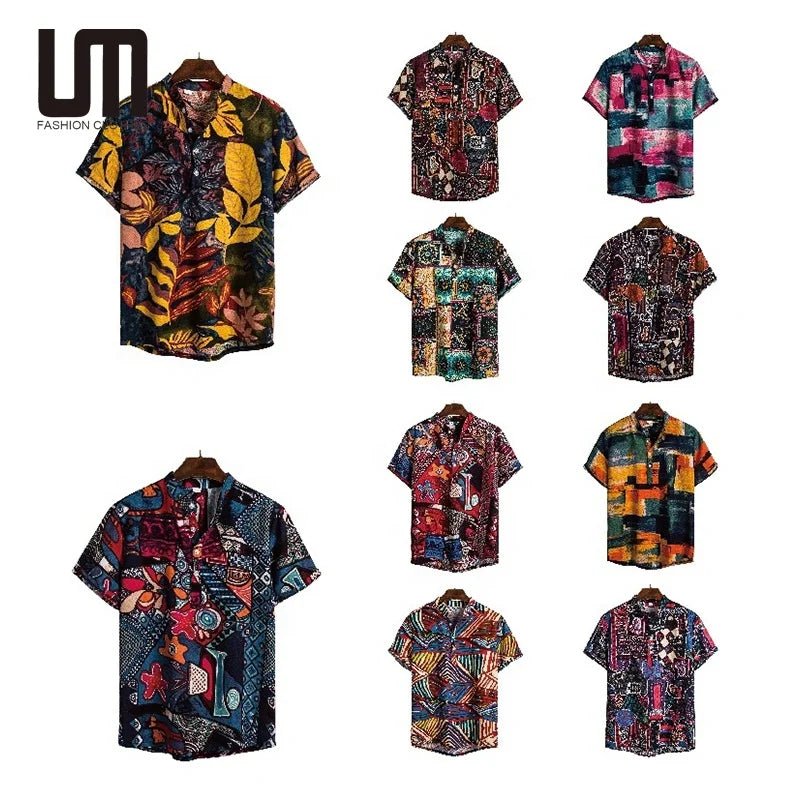 2025 Summer Men's Custom Printed T-Shirt - Hawaiian Beach Linen Shirt (Short Sleeve Casual Vacation Top)