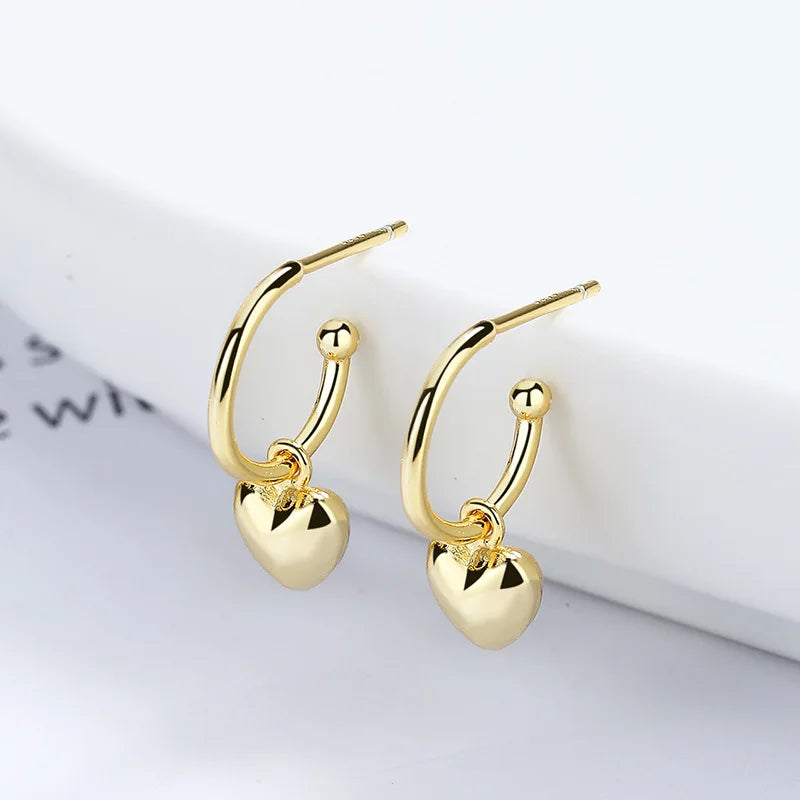 Fashion Minimalist Jewelry 925 Sterling Silver Heart Pendant Dangle Earrings Gold Plated Stud Earrings Jewelry Women
