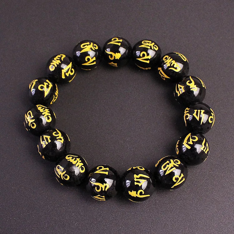 Buddhist Jewelry Imitated Obsidian Agate Six Character Mantra Bead  Stone Buddha  for Men Women