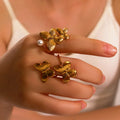 New Trend 18K Gold Plated Double Butterfly Imitation Pearl Open Rings Stainless Steel  for Women